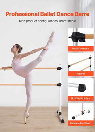 Ballet Barre, 6 Ft Double Beechwood Barre Bar for Home, Freestanding Portable Ballet Stretching Dance Bars, Height Adjustable Anti-Wobble Fitness Gym Equipment, for Pilates Balance Workout