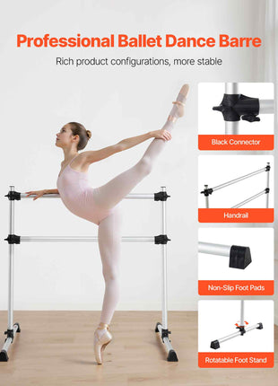 Ballet Barre, 4 Ft Aluminum Double Barre Bar for Home, Freestanding Portable Ballet Stretching Dance Bars, Height Adjustable Anti-Wobble Fitness Studio Equipment, for Pilates Balance Workout