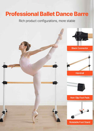 Ballet Barre, 4 Ft Double Beechwood Barre Bar for Home, Freestanding Portable Ballet Stretching Dance Bars, Height Adjustable Anti-Wobble Fitness Gym Equipment, for Pilates Balance Workout