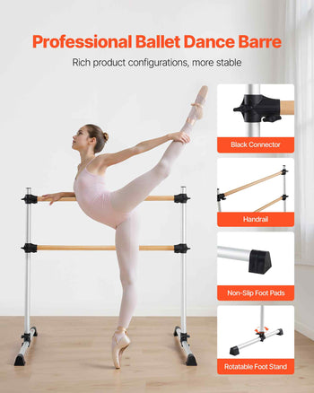 Ballet Barre, 4 Ft Double Beechwood Barre Bar for Home, Freestanding Portable Ballet Stretching Dance Bars, Height Adjustable Anti-Wobble Fitness Gym Equipment, for Pilates Balance Workout