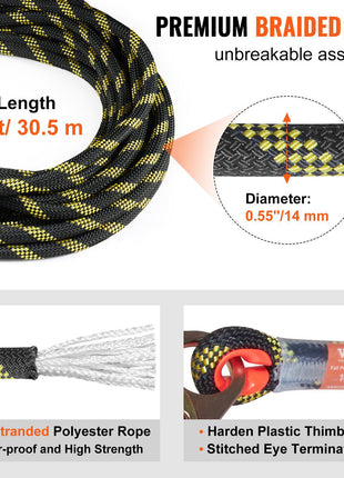 Premium 100ft black and yellow braided polyester rope, 0.55in diameter, waterproof, strong, with stitched eye terminations.