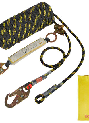 Black and yellow climbing rope set with carabiners, safety harness, and storage bag, ideal for outdoor adventures.