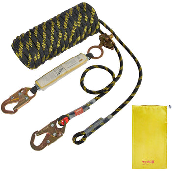 Black and yellow climbing rope set with carabiners, safety harness, and storage bag, ideal for outdoor adventures.
