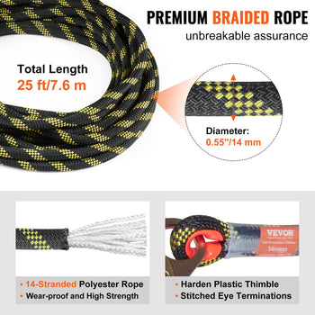 Premium 25 ft black and yellow braided rope, 0.55" diameter, made of waterproof polyester with sturdy eye terminations.