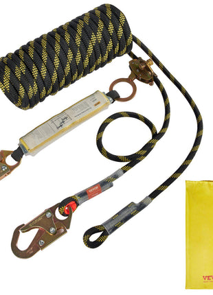 VEVOR 50ft black and yellow climbing rope with safety harness and storage bag, durable and reliable for outdoor use.