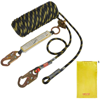 VEVOR 50ft black and yellow climbing rope with safety harness and storage bag, durable and reliable for outdoor use.