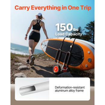 Kayak Cart, 150 lbs Load Capacity, Stand Up Paddle Board Trolley with 10-inch Solid Rubber Tires & Kickstands, Paddle Board Carrier with Ratchet Strap for Paddleboard & Surfboard Transport