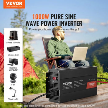 Sine Wave Converter, 1000W, DC 12V to AC 120V, with Dual AC Sockets, 1 USB, 1 Type-C, Remote Operation for Portable Electronics, CE FCC Approved