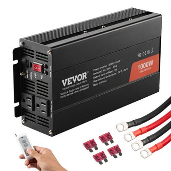 Sine Wave Converter, 1000W, DC 12V to AC 120V, with Dual AC Sockets, 1 USB, 1 Type-C, Remote Operation for Portable Electronics, CE FCC Approved