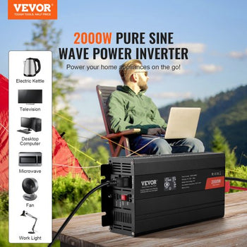 Pure Sine Wave Inverter, 2000 Watt, DC 12V to AC 110V Power Inverter with 2 AC Outlets 2 USB Port 1 Type-C Port, LCD Display and Remote Controller for Medium-Sized Household Equipment, CE FCC