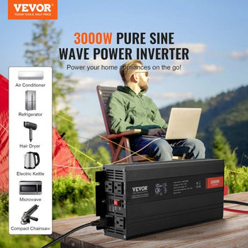 Pure Sine Wave Inverter, 3000 Watt, DC 12V to AC 120V Power Inverter with 2 AC Outlets 2 USB Port 1 Type-C Port, LCD Display and Remote Controller for Large Home Appliances, CE FCC Certified