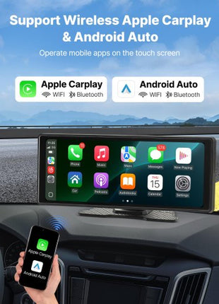 Wireless Car Stereo, 10-Inch HD Portable Radio Touch Screen Compatible with Apple CarPlay and Android Auto, CarPlay Screen for Car with Voice Control, Mirror Link, Bluetooth, GPS Navigation