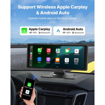 Wireless Car Stereo, 10-Inch HD Portable Radio Touch Screen with Apple CarPlay and Android Auto, CarPlay Screen with Front & Backup Cameras, Voice Control, Mirror Link, Bluetooth, GPS Navigation