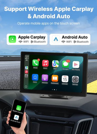 Wireless Car Stereo, 9-Inch HD Portable Radio Touch Screen with Apple CarPlay and Android Auto, CarPlay Screen with Front & Backup Cameras, Voice Control, Mirror Link, Bluetooth, GPS Navigation