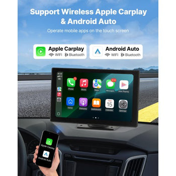 Wireless Car Stereo, 9-Inch HD Portable Radio Touch Screen with Apple CarPlay and Android Auto, CarPlay Screen with Front & Backup Cameras, Voice Control, Mirror Link, Bluetooth, GPS Navigation