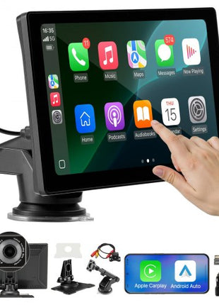 Wireless Car Stereo, 9-Inch HD Portable Radio Touch Screen with Apple CarPlay and Android Auto, CarPlay Screen with Front & Backup Cameras, Voice Control, Mirror Link, Bluetooth, GPS Navigation