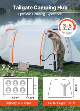 Inflatable SUV Tent with Awning, 8 x 6.7 ft 3-Season SUV Tailgate Tent with Ventilated Doors & Mesh Window, PU2000mm Waterproof Car Rear Hatch Tents for Outdoor Camping - Air Pump Included