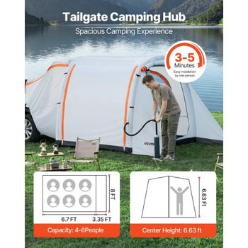 Inflatable SUV Tent with Awning, 8 x 6.7 ft 3-Season SUV Tailgate Tent with Ventilated Doors & Mesh Window, PU2000mm Waterproof Car Rear Hatch Tents for Outdoor Camping - Air Pump Included