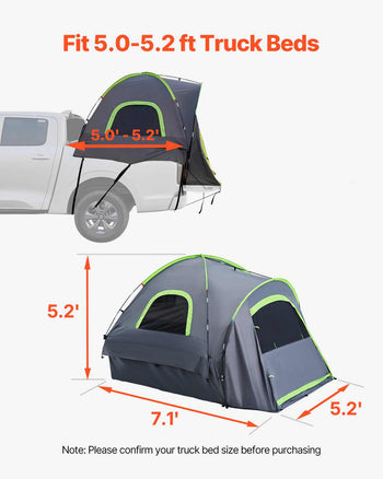 Pickup Truck Tent, Fit 5.0-5.2 ft Truck Tents for Camping, Waterproof PU2000mm 2-3 Person Sleeping Truck Bed Tent with Double Layer Design Windows, Sturdy Truck Bed Camper Shell with Storage Bag