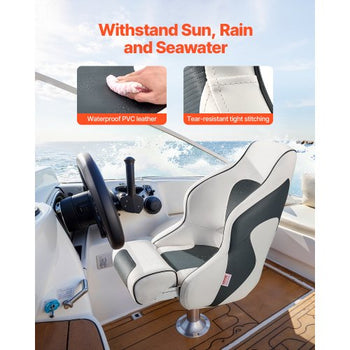 Boat Seat, High Backrest, Flip Up Boat Seat Captain Bucket Seat with Thickened Sponge Cushion & Waterproof PVC Leather, Ergonomic Design, Folding Boat Seat for Boats, Yachts, Ships, White & Grey