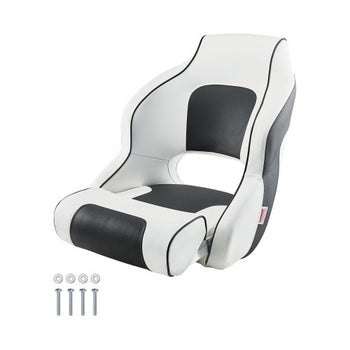 Boat Seat, High Backrest, Flip Up Boat Seat Captain Bucket Seat with Thickened Sponge Cushion & Waterproof PVC Leather, Ergonomic Design, Folding Boat Seat for Boats, Yachts, Ships, White & Grey