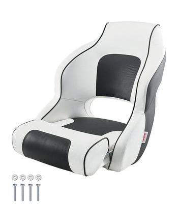 Boat Seat, High Backrest, Flip Up Boat Seat Captain Bucket Seat with Thickened Sponge Cushion & Waterproof PVC Leather, Ergonomic Design, Folding Boat Seat for Boats, Yachts, Ships, White & Grey