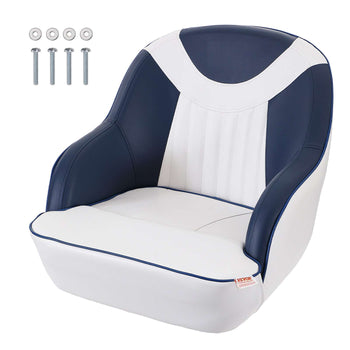 Navy blue and white vinyl boat seat with sleek design, includes installation hardware, comfortable and durable.