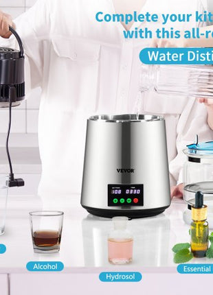 1.1 Gal Water Distiller, 0.3 Gal/H, 750W Distilled Water Maker Machine 0-99H Timing Set Temp Display, 304 Stainless Steel Countertop Distiller Glass Carafe Cleaning Powder 3 Carbon Packs, Silver