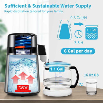 1.1 Gal Water Distiller, 0.3 Gal/H, 750W Distilled Water Maker Machine 0-99H Timing Set Temp Display, 304 Stainless Steel Countertop Distiller Glass Carafe Cleaning Powder 3 Carbon Packs, Silver