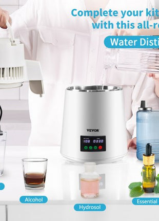 1.1Gal Water Distiller, 0.3Gal/H, 750W Distilled Water Maker Machine 0-99H Timing Set Temp Display, 304 Stainless Steel Countertop Distiller Plastic Carafe Cleaning Powder 3 Carbon Packs, White