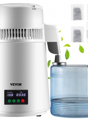 1.1Gal Water Distiller, 0.3Gal/H, 750W Distilled Water Maker Machine 0-99H Timing Set Temp Display, 304 Stainless Steel Countertop Distiller Plastic Carafe Cleaning Powder 3 Carbon Packs, White