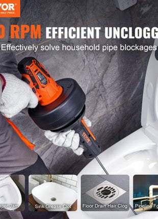 12V Electric Drain Auger, 25FT Cordless Plumbing Snake Auto Feed, Pipeline Snake Drain Clog Remover with Power Drill for 3/4"-2" Pipes, 2.0Ah Battery and Charger Included