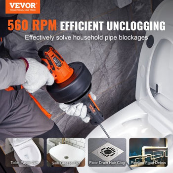 12V Electric Drain Auger, 25FT Cordless Plumbing Snake Auto Feed, Pipeline Snake Drain Clog Remover with Power Drill for 3/4"-2" Pipes, 2.0Ah Battery and Charger Included