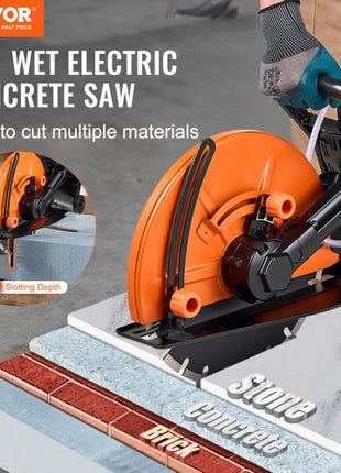 Electric Concrete Saw, 14 in, 3200 W Motor Circular Saw Cutter with Max. 5 in Adjustable Cutting Depth, Wet Disk Saw Cutter Includes Water Line, Pump and Blade, for Stone, Brick