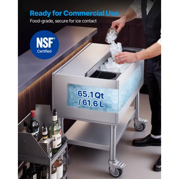 Commercial Ice Bin, 65.1 Qt Max Capacity, 24 x 19 x 35 Inch Stainless Steel Ice Chest with Sliding Lid and Bottle Holders, Cooler Cart Cocktail Unit for Bar Restaurant Pub, NSF Certified