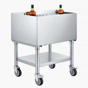 Commercial Ice Bin, 65.1 Qt Max Capacity, 24 x 19 x 35 Inch Stainless Steel Ice Chest with Sliding Lid and Bottle Holders, Cooler Cart Cocktail Unit for Bar Restaurant Pub, NSF Certified