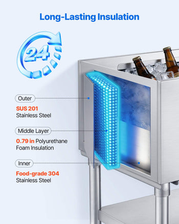 Commercial Ice Bin, 65.1 Qt Max Capacity, 24 x 19 x 35 Inch Stainless Steel Ice Chest with Sliding Lid and Bottle Holders, Cooler Cart Cocktail Unit for Bar Restaurant Pub, NSF Certified