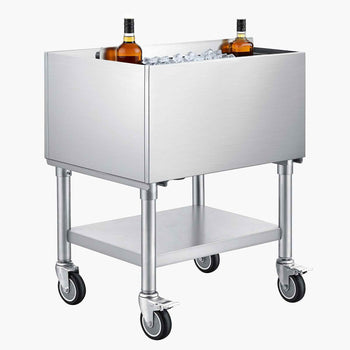 Commercial Ice Bin, 65.1 Qt Max Capacity, 24 x 19 x 35 Inch Stainless Steel Ice Chest with Sliding Lid and Bottle Holders, Cooler Cart Cocktail Unit for Bar Restaurant Pub, NSF Certified