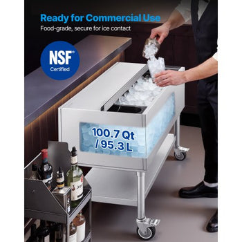 Commercial Ice Bin, 100.7 Qt Max Capacity, 36 x 19 x 35 Inch Stainless Steel Ice Chest with Sliding Lid and Bottle Holders, Cooler Cart Cocktail Unit for Bar Restaurant Pub, NSF Certified