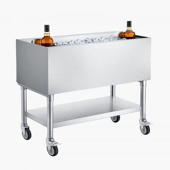 Commercial Ice Bin, 100.7 Qt Max Capacity, 36 x 19 x 35 Inch Stainless Steel Ice Chest with Sliding Lid and Bottle Holders, Cooler Cart Cocktail Unit for Bar Restaurant Pub, NSF Certified