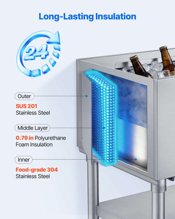 Commercial Ice Bin, 100.7 Qt Max Capacity, 36 x 19 x 35 Inch Stainless Steel Ice Chest with Sliding Lid and Bottle Holders, Cooler Cart Cocktail Unit for Bar Restaurant Pub, NSF Certified