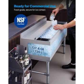 Commercial Ice Bin, 137.4 Qt Max Capacity, 48 x 19 x 33 Inch Stainless Steel Ice Chest with Sliding Lid and Bottle Holders, Cooler Cart Cocktail Unit for Bar Restaurant Pub, NSF Certified