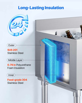 Commercial Ice Bin, 137.4 Qt Max Capacity, 48 x 19 x 33 Inch Stainless Steel Ice Chest with Sliding Lid and Bottle Holders, Cooler Cart Cocktail Unit for Bar Restaurant Pub, NSF Certified