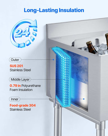 Commercial Ice Bin, 49.4 Qt Max Capacity, 18 x 18 x 33 Inch Stainless Steel Ice Chest with Sliding Lid and Bottle Holders, Cooler Cart Cocktail Unit for Bar Restaurant Pub, NSF Certified