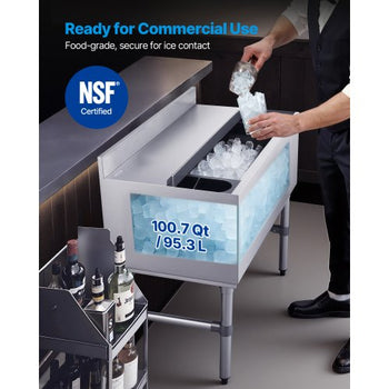 Commercial Ice Bin, 100.7 Qt Max Capacity, 36 x 19 x 33 Inch Stainless Steel Ice Chest with Sliding Lid and Bottle Holders, Cooler Cart Cocktail Unit for Bar Restaurant Pub, NSF Certified