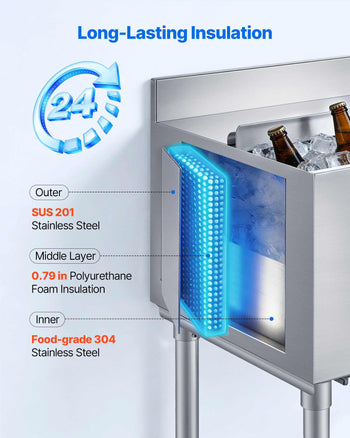 Commercial Ice Bin, 100.7 Qt Max Capacity, 36 x 19 x 33 Inch Stainless Steel Ice Chest with Sliding Lid and Bottle Holders, Cooler Cart Cocktail Unit for Bar Restaurant Pub, NSF Certified