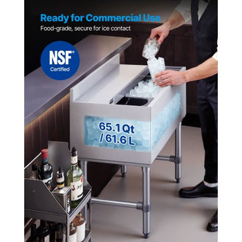 Commercial Ice Bin, 65.1 Qt Max Capacity, 24 x 19 x 33 Inch Stainless Steel Ice Chest with Sliding Lid and Bottle Holders, Cooler Cart Cocktail Unit for Bar Restaurant Pub, NSF Certified