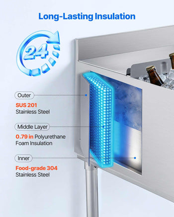 Commercial Ice Bin, 79.9 Qt Max Capacity, 24 x 24 x 33 Inch Stainless Steel Ice Chest with Sliding Lid, 24H Long-Lasting Insulation, Cooler Cart Cocktail Unit for Bar Restaurant Pub, NSF