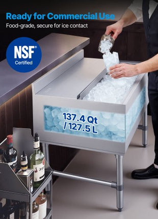 Commercial Ice Bin, 134.7 Qt Max Capacity, 36 x 24 x 33 Inch Stainless Steel Ice Chest with Sliding Lid, 24H Long-Lasting Insulation, Cooler Cart Cocktail Unit for Bar Restaurant Pub, NSF