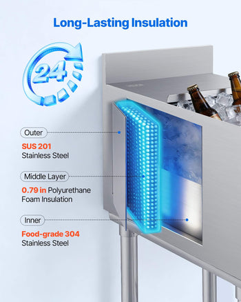 Commercial Ice Bin, 39.6 Qt Max Capacity, 12 x 24 x 33 Inch Stainless Steel Ice Chest with Sliding Lid, 24H Long-Lasting Insulation, Cooler Cart Cocktail Unit for Bar Restaurant Pub, NSF